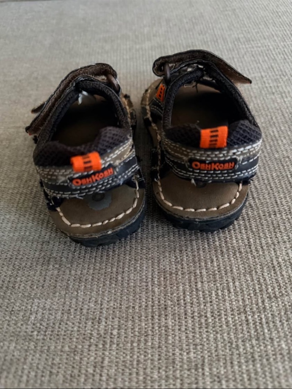 OshKosh B'gosh Brown and Black Kids Sandals with Orange Logo Tabs